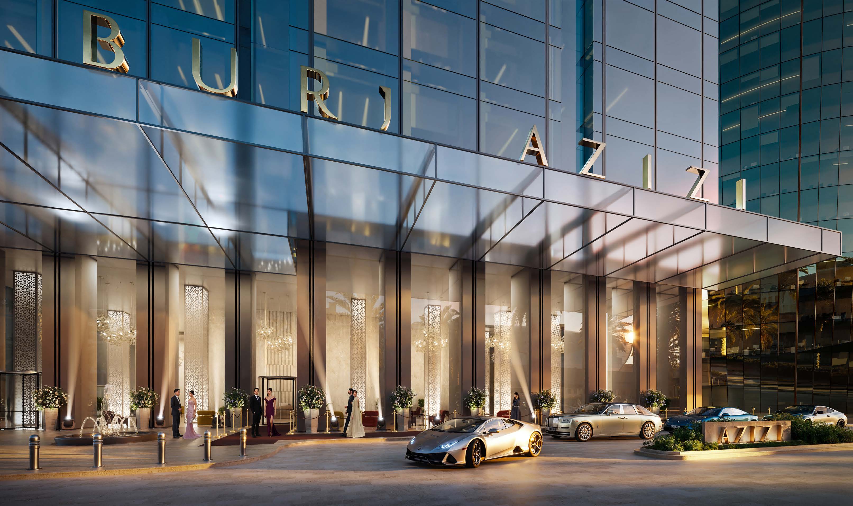 Glass entrance canopy of Burj Azizi at dusk, with cars at the drop-off