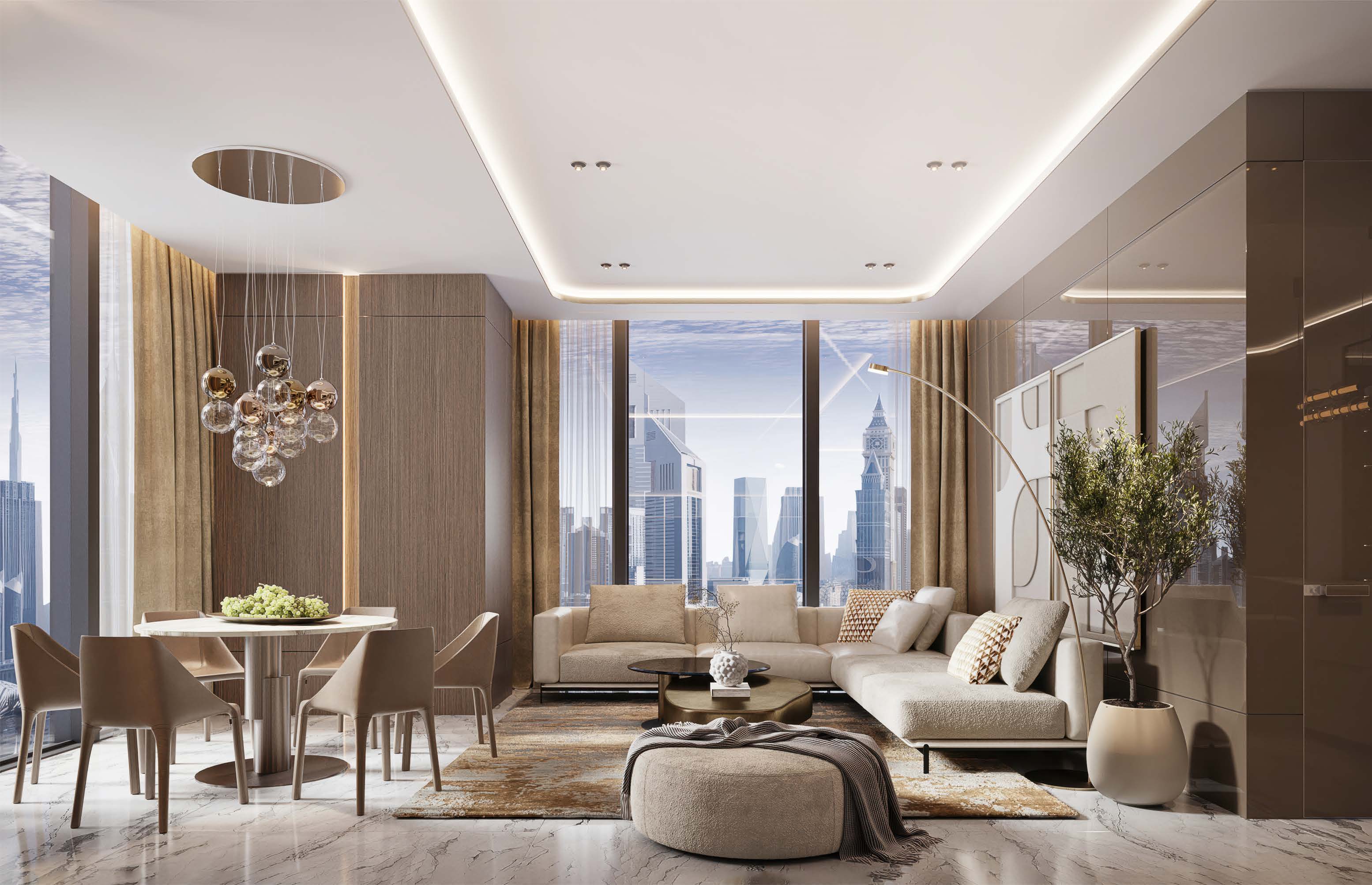 Living and dining room with skyline views through tall windows
