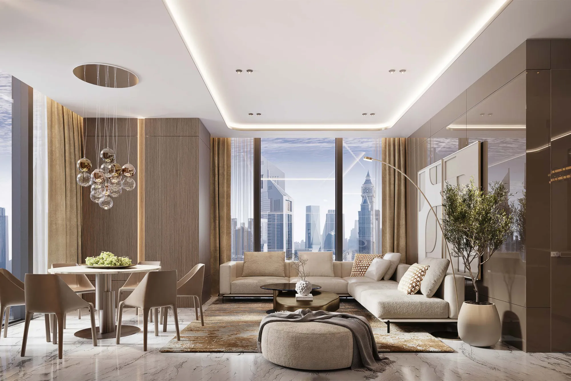 Living and dining room with skyline views through tall windows