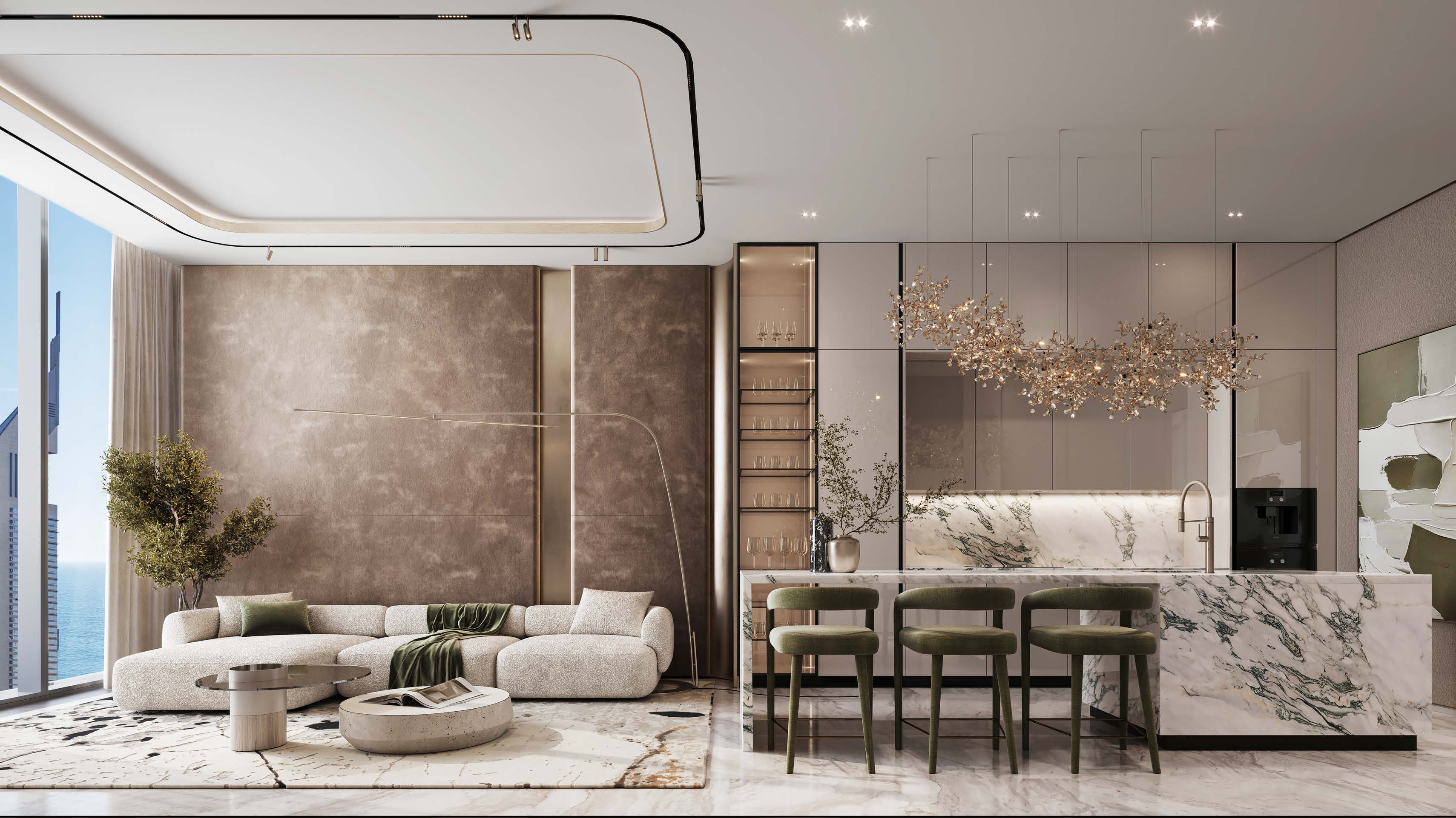 Open-plan lounge with marble kitchen island and sea view