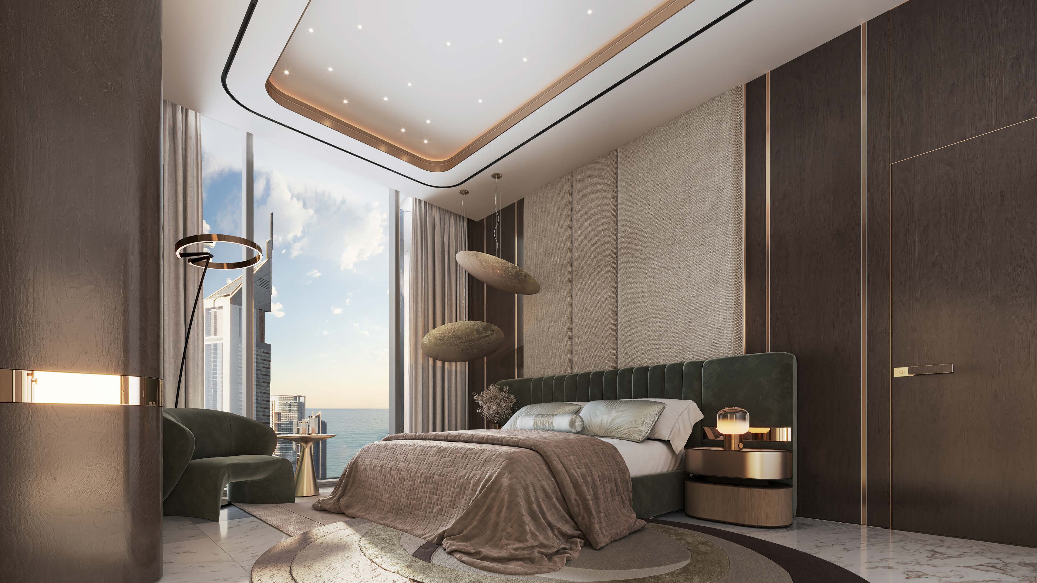 Bedroom with velvet headboard and floor-to-ceiling window over the sea