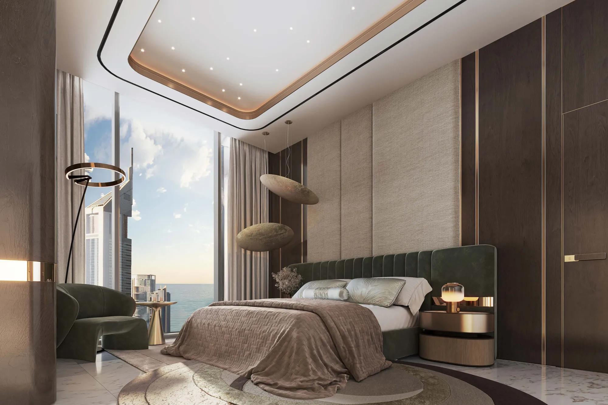 Bedroom with velvet headboard and floor-to-ceiling window over the sea