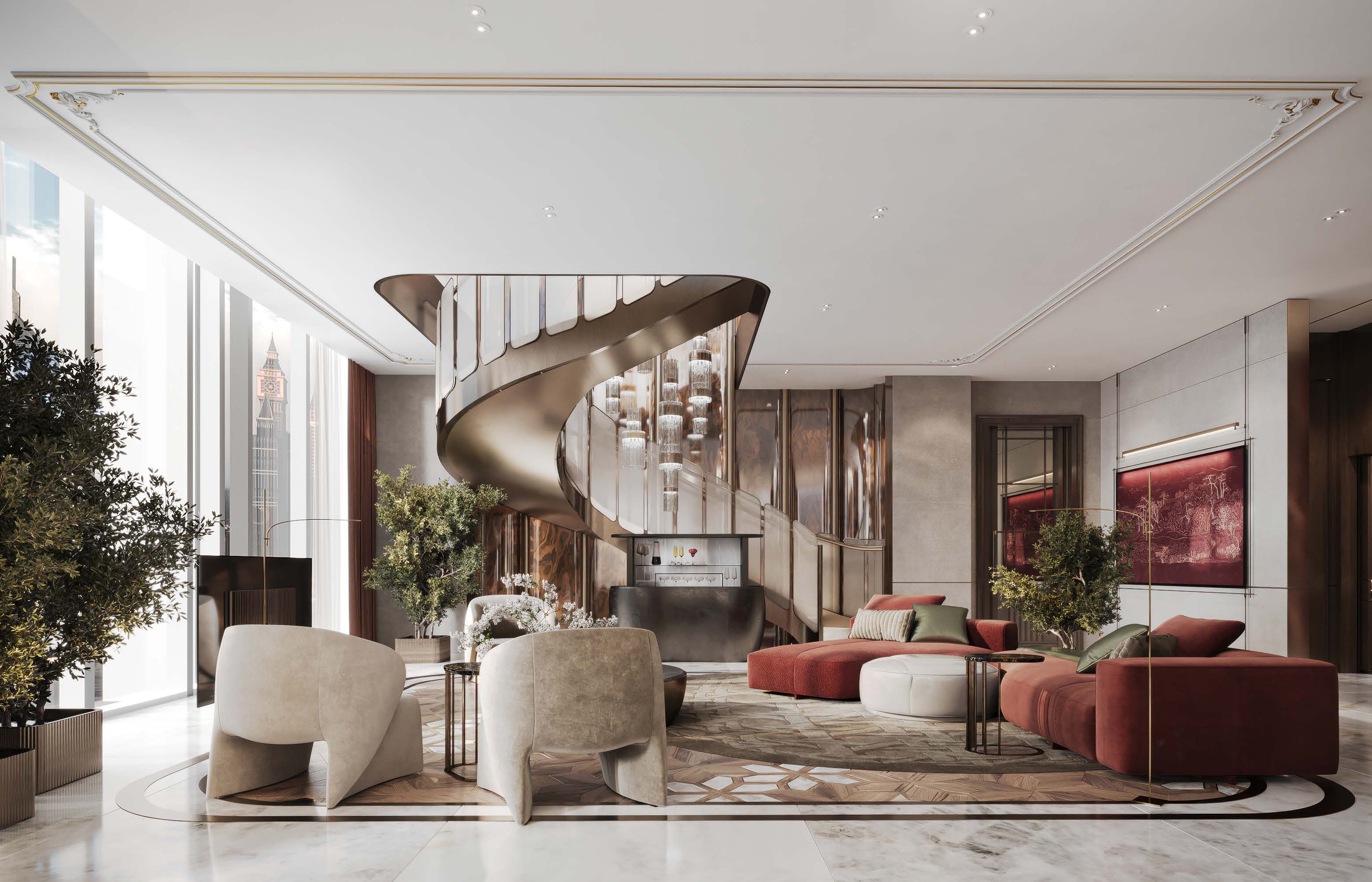 Three-bedroom penthouse lounge with a sculpted spiral staircase