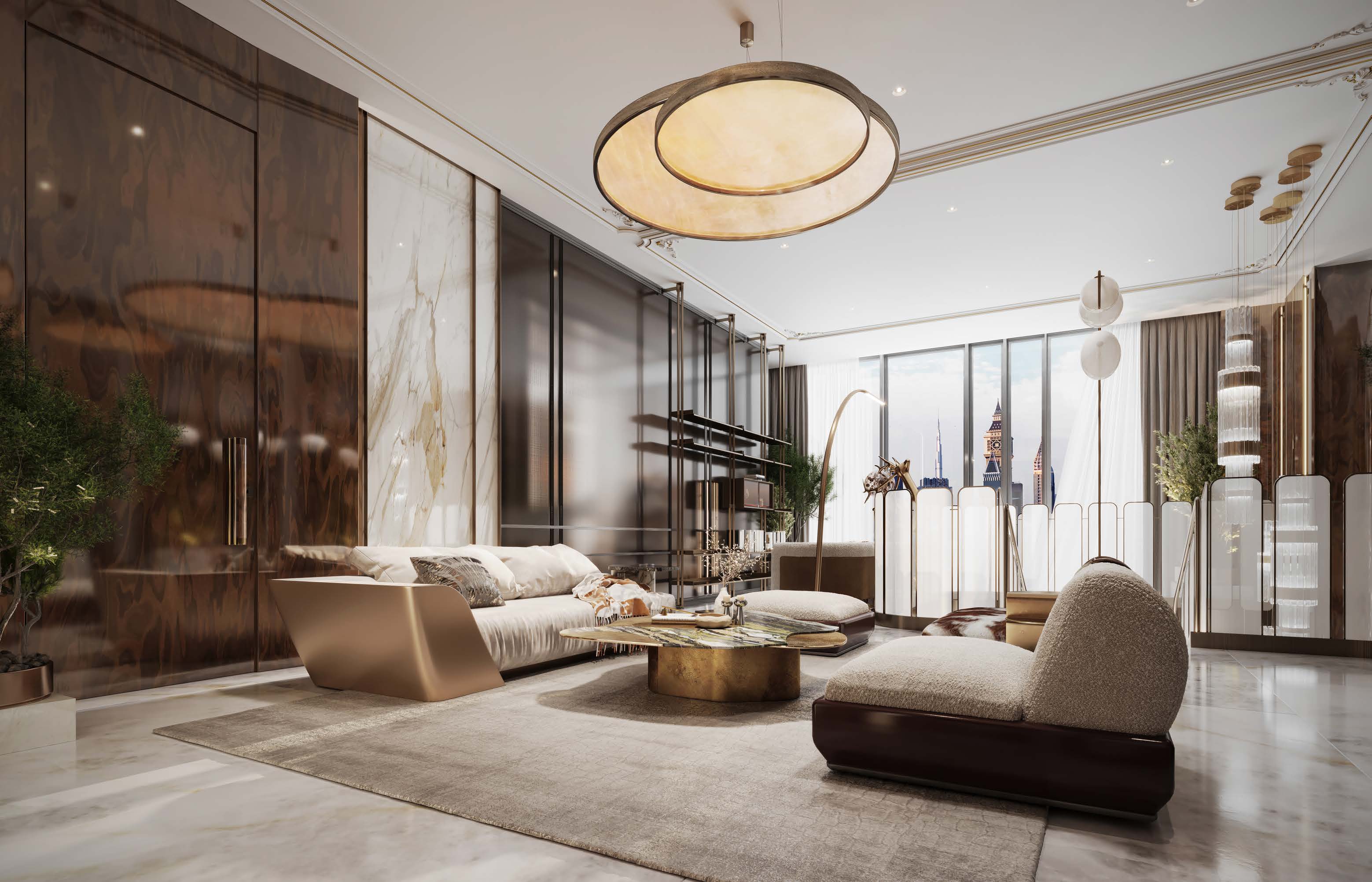 Penthouse living room with large pendant light and city views