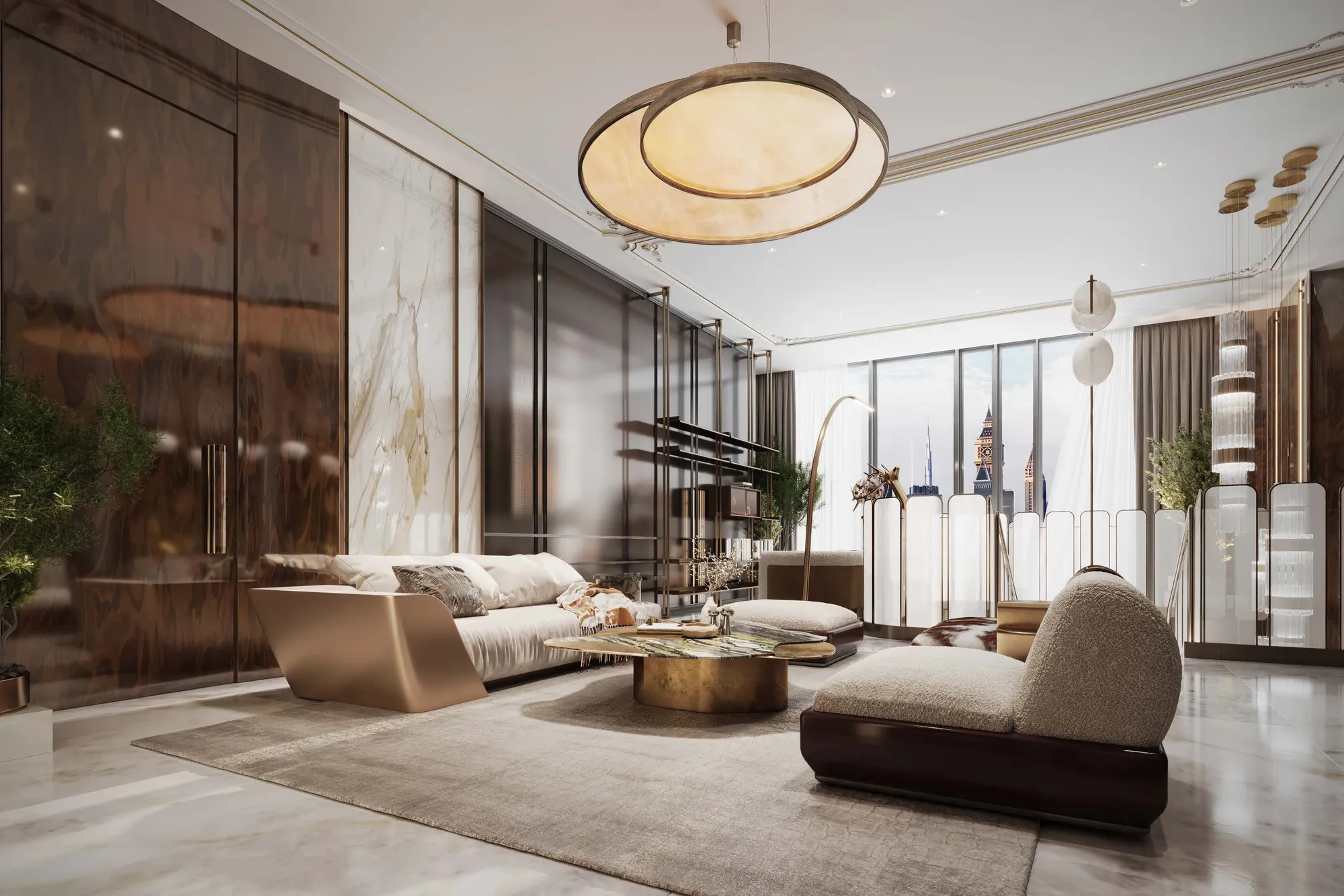 Penthouse living room with large pendant light and city views
