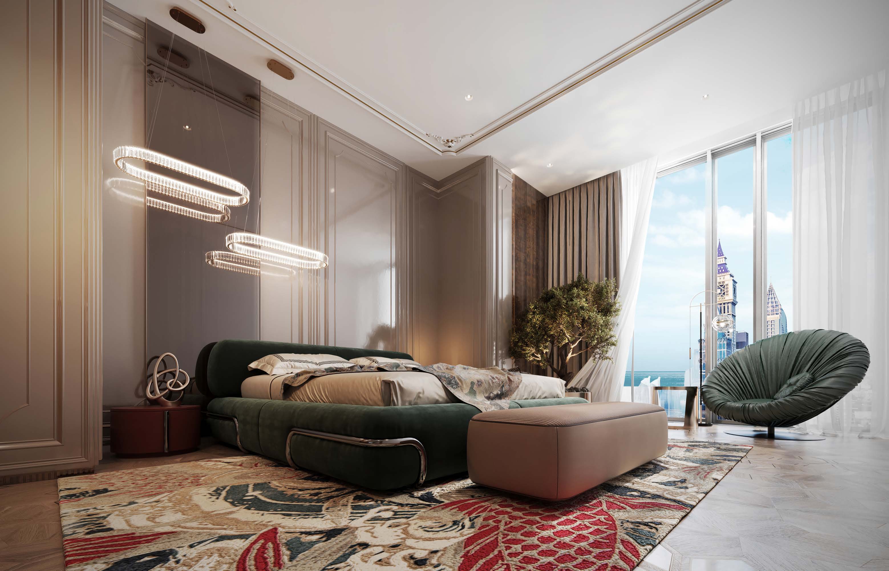Penthouse bedroom with green velvet bed and views of the sea