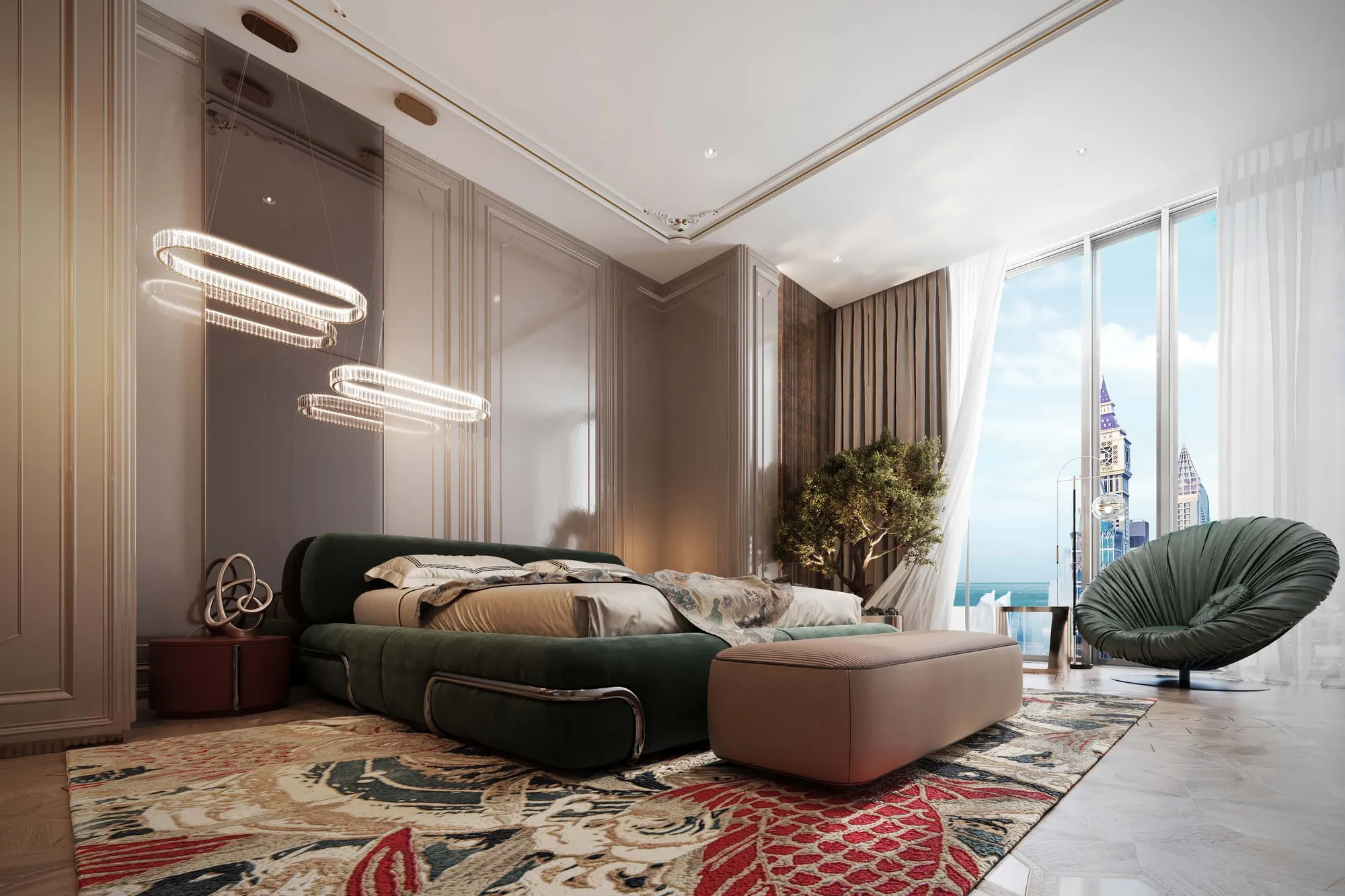 Penthouse bedroom with green velvet bed and views of the sea