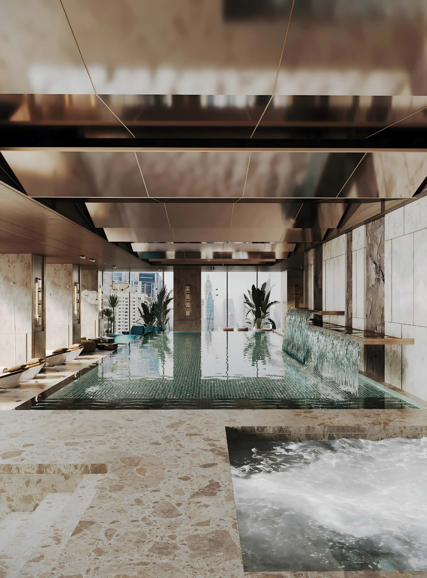 Penthouse indoor pool with water feature and city views