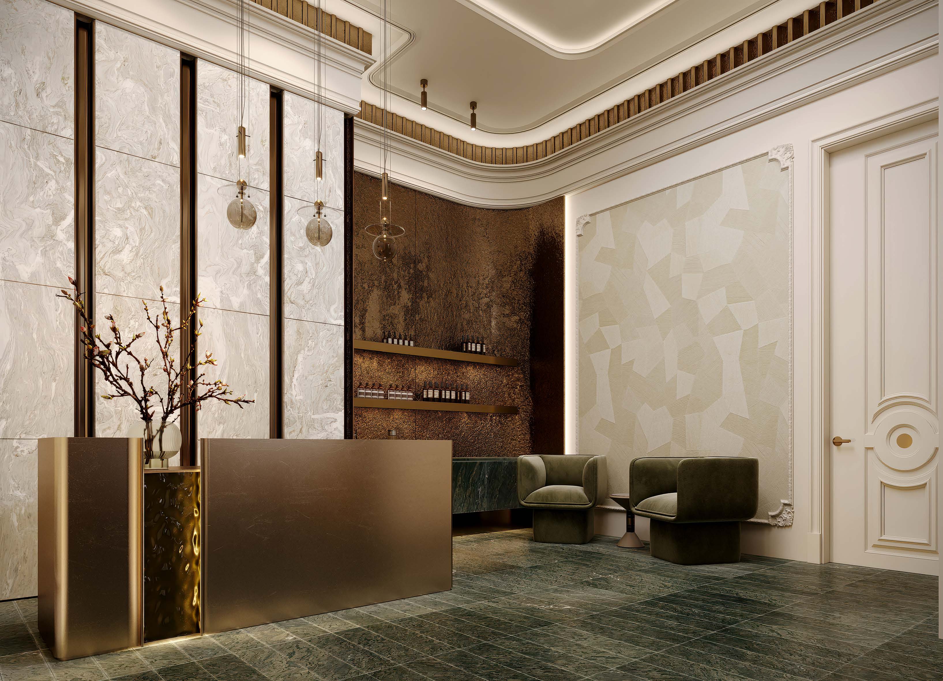 Hotel spa reception with bronze desk and green marble floor