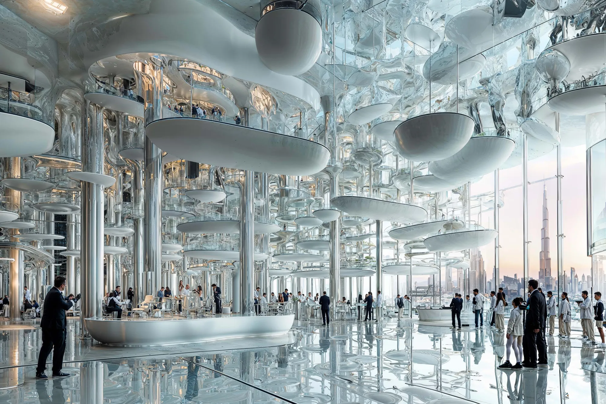 Observation deck with floating white platforms and Burj Khalifa view